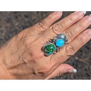 Navajo Sleeping Beauty & Nevada Green Turquoise Ring Sz 10.25 Sterling Jewelry**